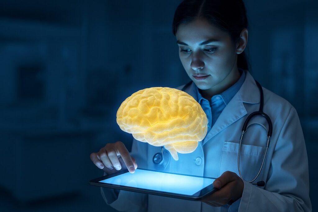 Doctora mexicana interactúa con cerebro digital holográfico, representando el uso de inteligencia artificial en medicina