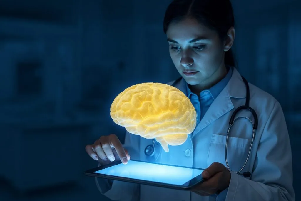 Doctora mexicana interactúa con cerebro digital holográfico, representando el uso de inteligencia artificial en medicina