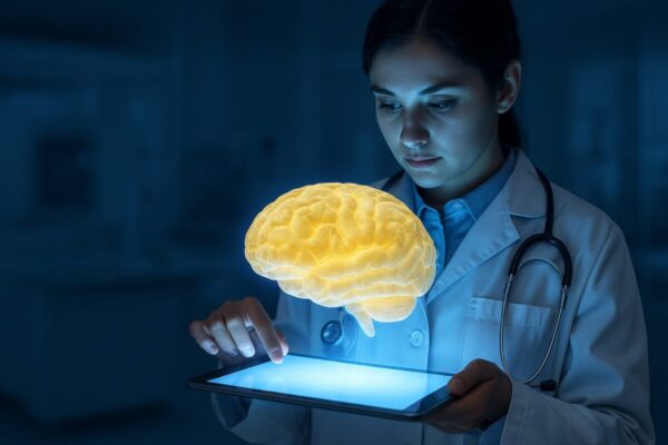 Doctora mexicana interactúa con cerebro digital holográfico, representando el uso de inteligencia artificial en medicina