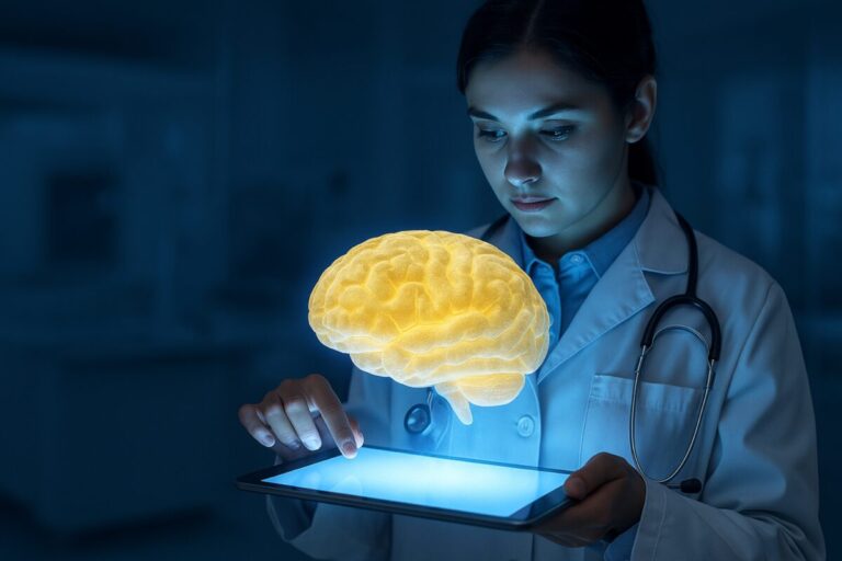 Doctora mexicana interactúa con cerebro digital holográfico, representando el uso de inteligencia artificial en medicina