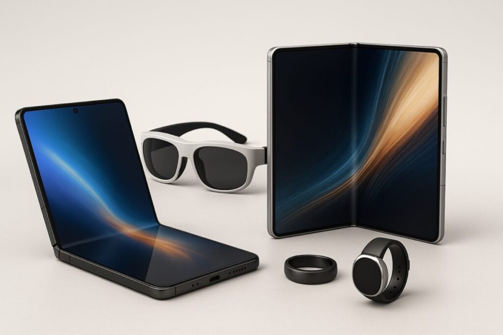 Representación visual de los lanzamientos tecnológicos 2026 de Apple, Samsung y Xiaomi con inteligencia artificial y pantallas plegables