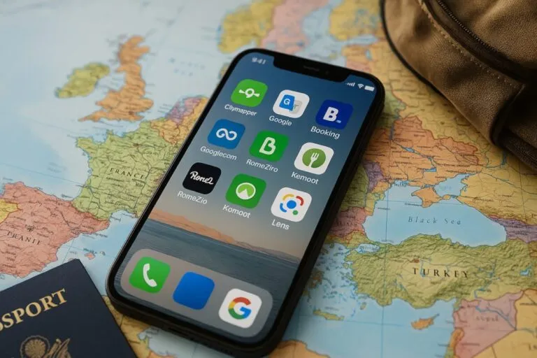 Ilustración editorial de un iPhone con apps de viaje abiertas sobre un mapa de Europa