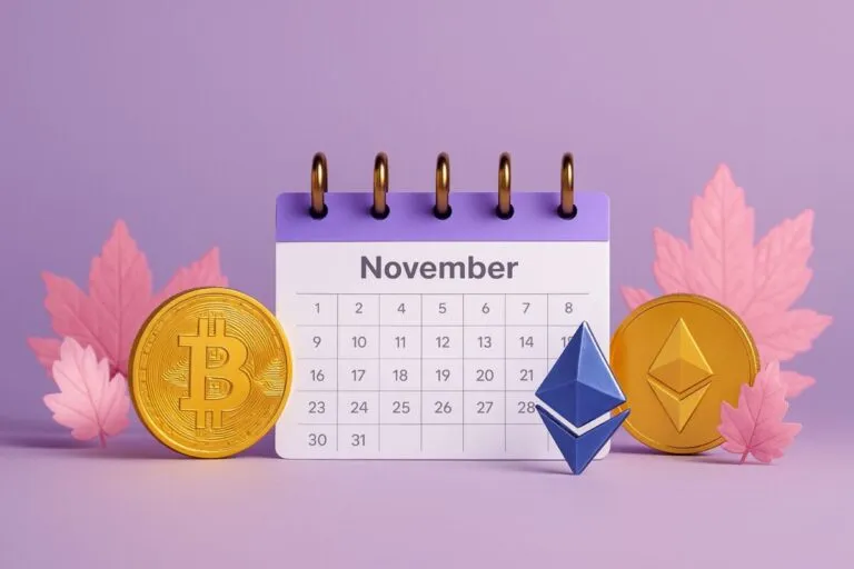 Calendario de noviembre con monedas digitales y símbolos cripto, enfocado en lanzamientos de tokens prometedores