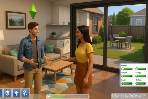 Ilustración editorial de personajes en una casa virtual inspirada en Los Sims, celebrando 25 años del videojuego