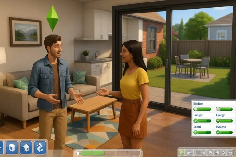 Ilustración editorial de personajes en una casa virtual inspirada en Los Sims, celebrando 25 años del videojuego