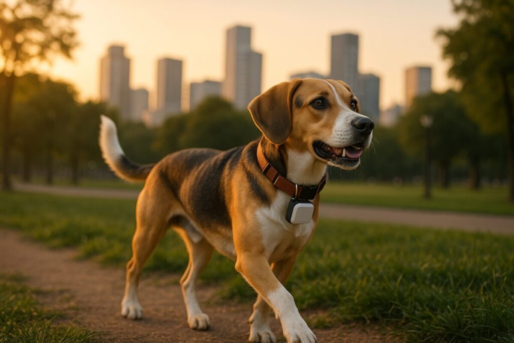 Perro con collar rastreador GPS caminando en parque urbano de México
