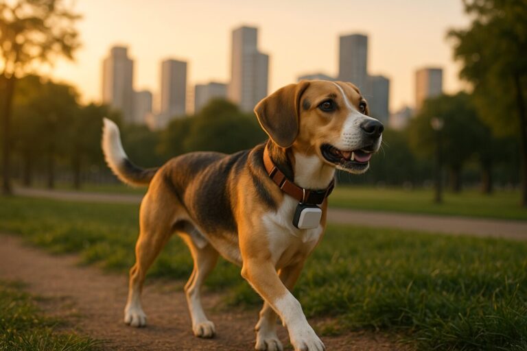 Perro con collar rastreador GPS caminando en parque urbano de México