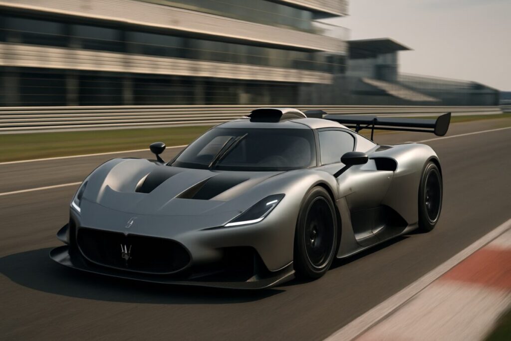 Fotorealismo de un Maserati MCXtrema en pista de carreras, diseño aerodinámico con fondo moderno y limpio