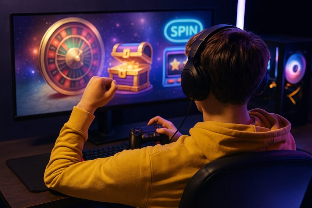 Adolescente juega videojuego con sistema de apuestas encubiertas en consola, con elementos visuales que reflejan azar digital