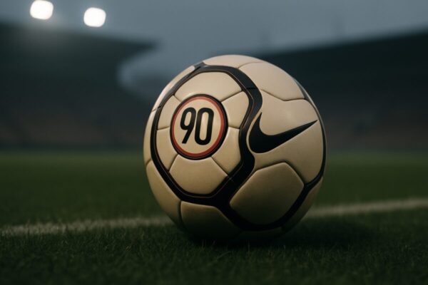 Imagen editorial de un balón Nike Total 90 en una cancha, con tono nostálgico y fondo neutro