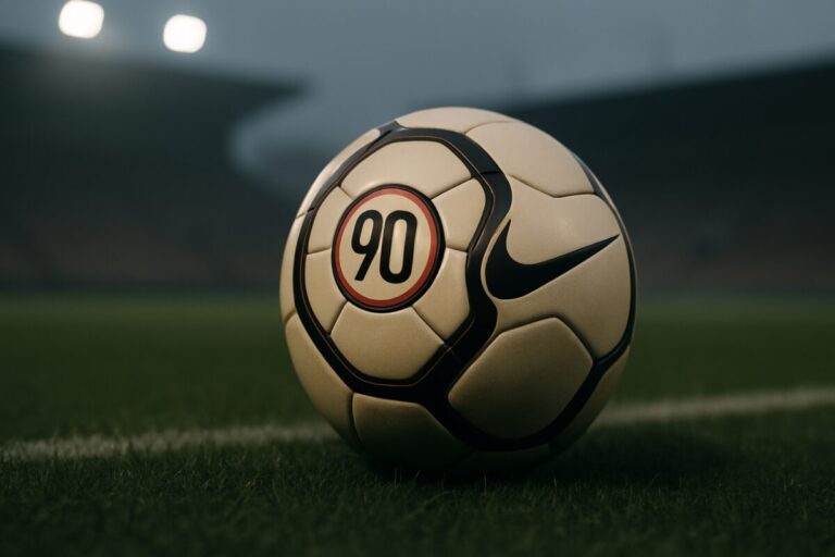 Imagen editorial de un balón Nike Total 90 en una cancha, con tono nostálgico y fondo neutro