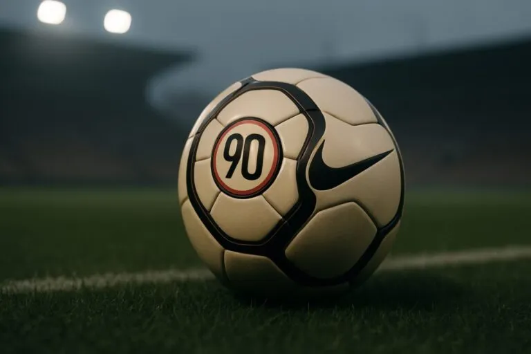 Imagen editorial de un balón Nike Total 90 en una cancha, con tono nostálgico y fondo neutro