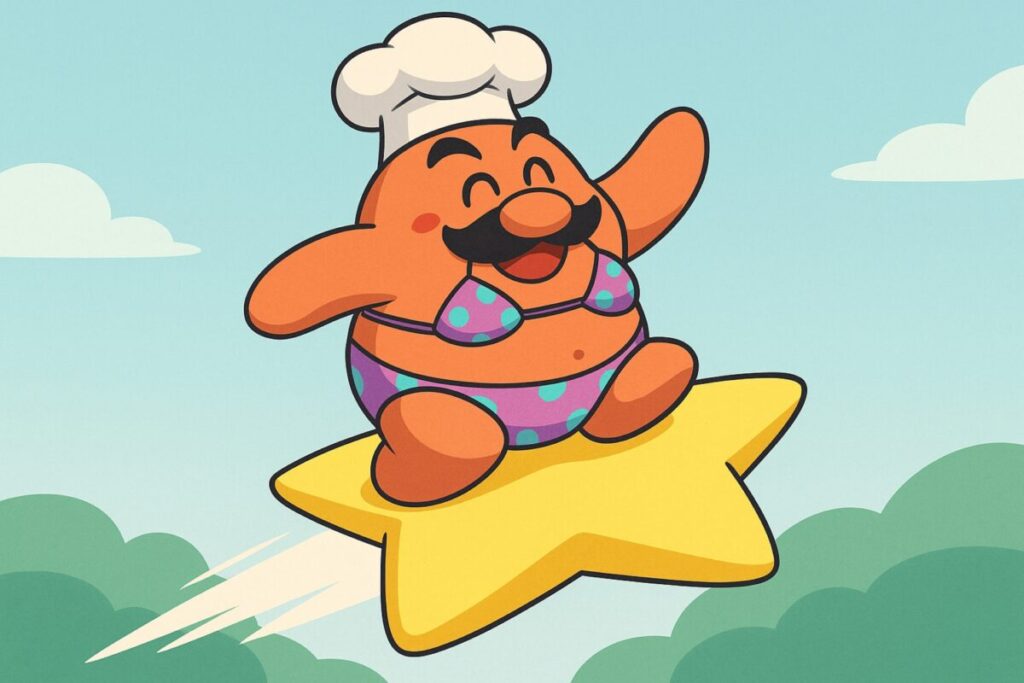 Ilustración editorial de chef Kawasaki en bikini en Kirby Air Riders, relacionado con un mod retirado por Nintendo