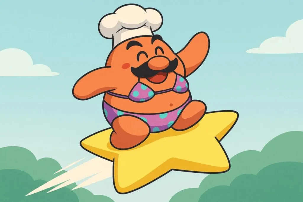 Ilustración editorial de chef Kawasaki en bikini en Kirby Air Riders, relacionado con un mod retirado por Nintendo