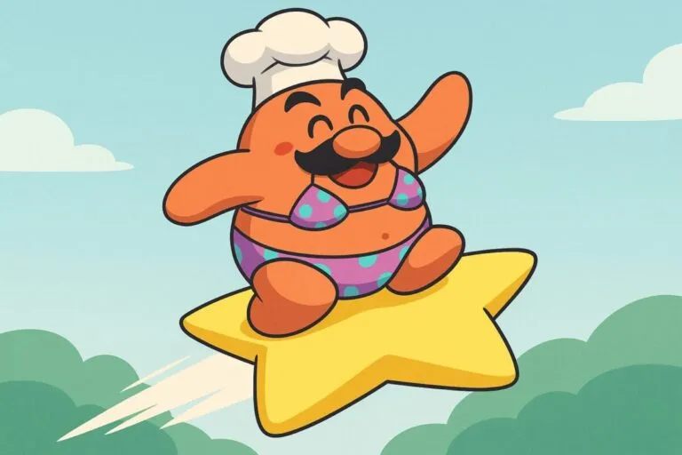 Ilustración editorial de chef Kawasaki en bikini en Kirby Air Riders, relacionado con un mod retirado por Nintendo
