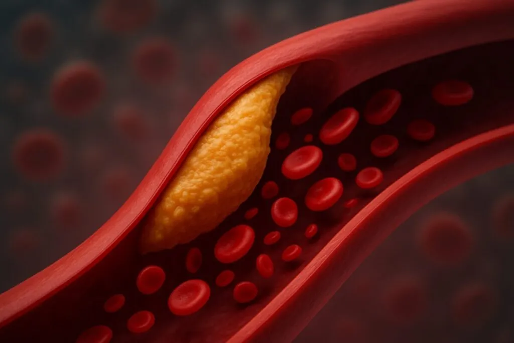 Fotografía médica que representa una arteria obstruida por colesterol alto, con estilo tecnológico y profesional