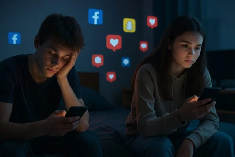 Jóvenes colombianos usando redes sociales mientras enfrentan problemas de autoestima y sueño