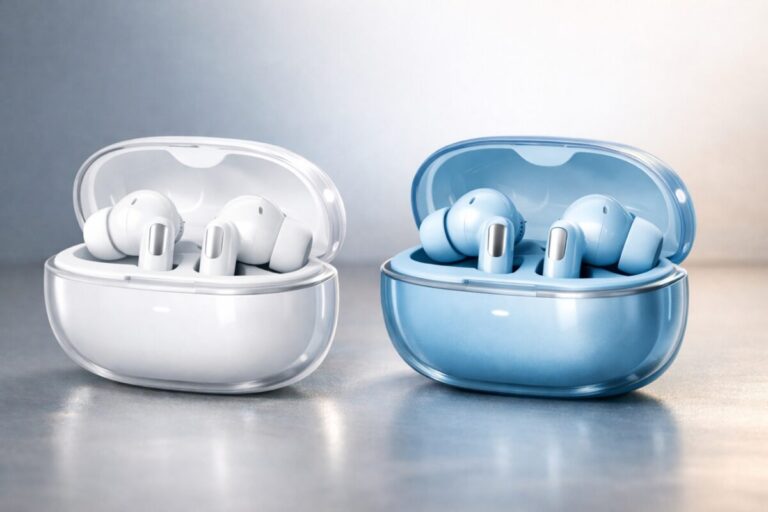 OPPO Enco Buds 3 Pro en color celeste con carcasa translúcida y acabado metálico
