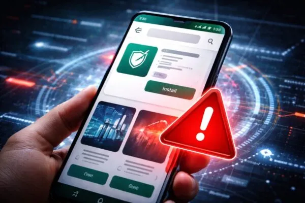 Representación de una app falsa en Android con interfaz similar a Google Play