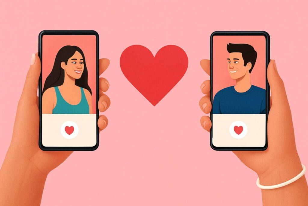 Pareja conectada con smartphones usando apps para fortalecer su relación con tecnología
