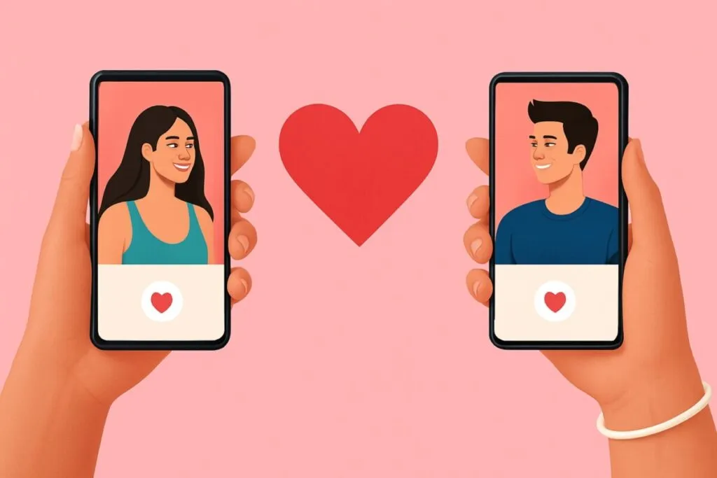 Pareja conectada con smartphones usando apps para fortalecer su relación con tecnología