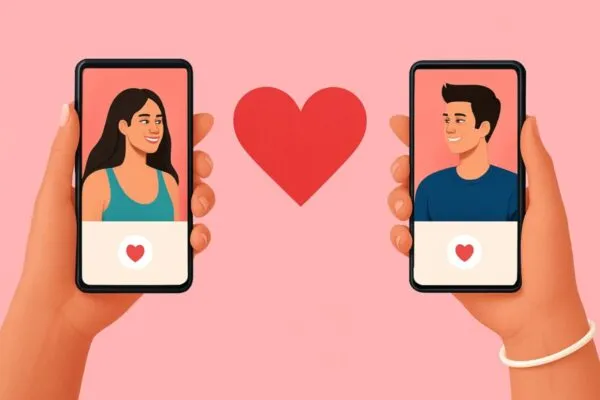Pareja conectada con smartphones usando apps para fortalecer su relación con tecnología
