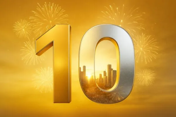 Imagen con el número 10 en dorado y plata, sobre fondo urbano con luz cálida, simbolizando los 10 millones de smartphones HONOR vendidos