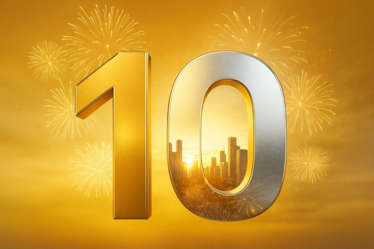 Imagen con el número 10 en dorado y plata, sobre fondo urbano con luz cálida, simbolizando los 10 millones de smartphones HONOR vendidos