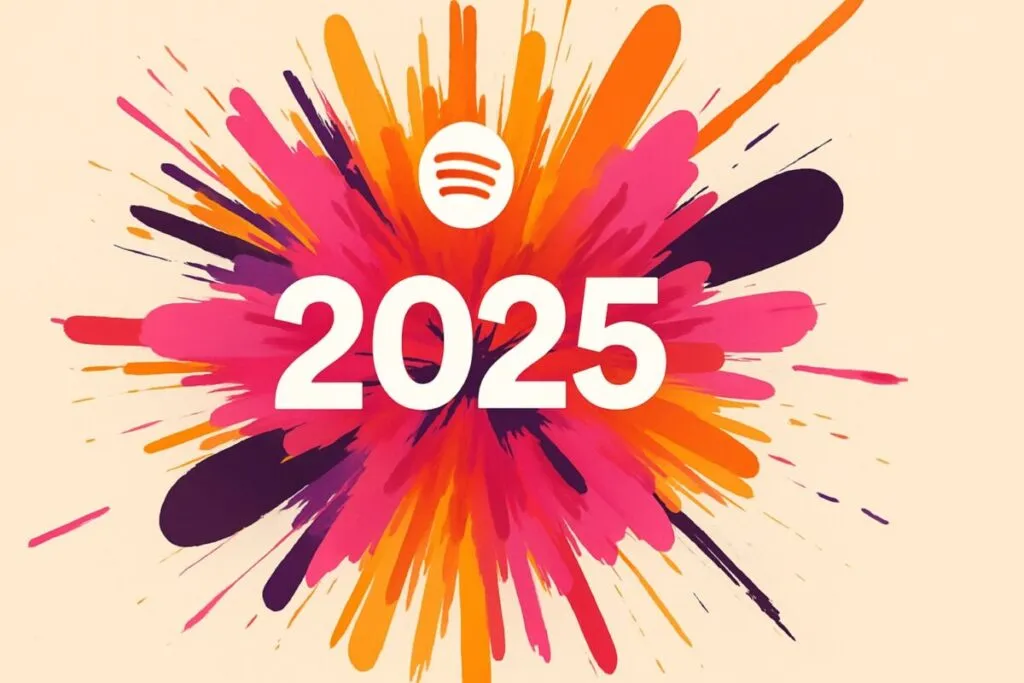 Diseño oficial de Spotify Wrapped 2025 con una explosión de color rosa, naranja y púrpura en fondo claro
