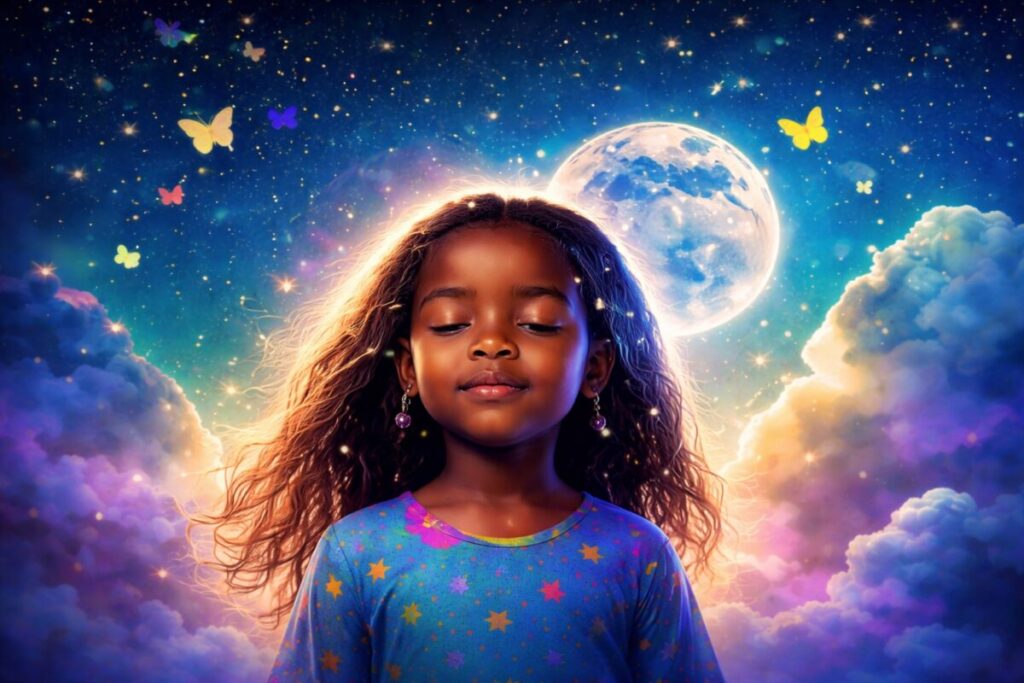 Niña de ojos cerrados con fondo estelar, luna llena y mariposas brillantes, imagen editorial fotorealista inspiradora