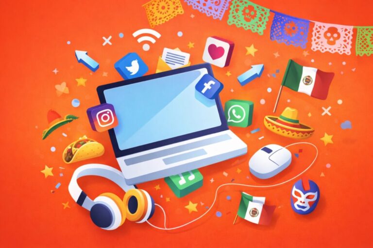 Ilustración editorial con elementos digitales y símbolos culturales de México que destacan el uso de redes sociales