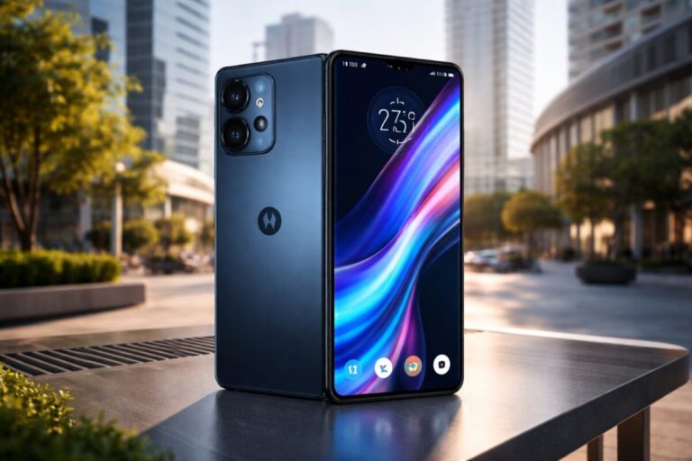Motorola Edge 70 en primer plano mostrando su pantalla pOLED con 144Hz y diseño delgado