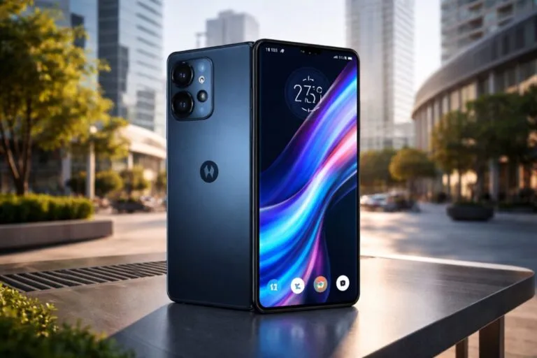 Motorola Edge 70 en primer plano mostrando su pantalla pOLED con 144Hz y diseño delgado