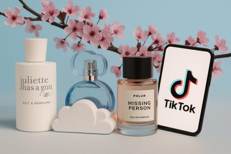 Frascos de perfumes virales sobre fondo moderno, tendencia en TikTok y con alta calidad de aroma y duración
