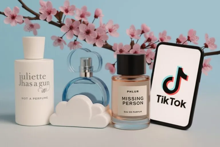 Frascos de perfumes virales sobre fondo moderno, tendencia en TikTok y con alta calidad de aroma y duración