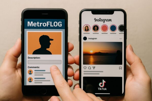 Interfaz retro de MetroFlog y redes sociales modernas con enfoque en experiencia de usuario