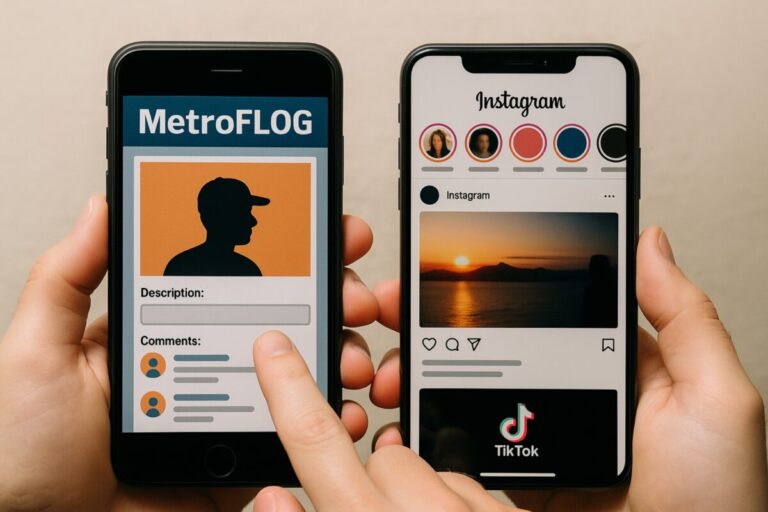 Interfaz retro de MetroFlog y redes sociales modernas con enfoque en experiencia de usuario