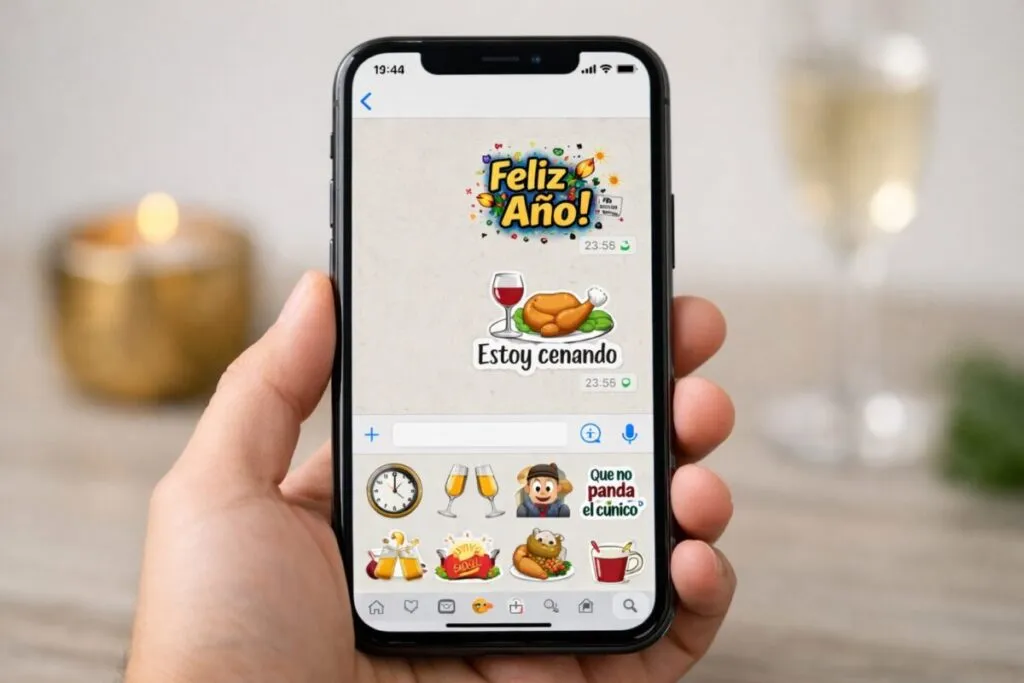Persona usando stickers de Año Nuevo en WhatsApp desde un iPhone