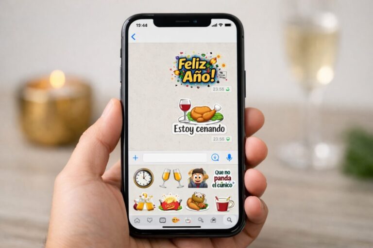Persona usando stickers de Año Nuevo en WhatsApp desde un iPhone