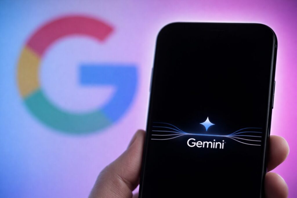 Primer plano de un smartphone con la app Gemini abierta y el logo de Google al fondo desenfocado