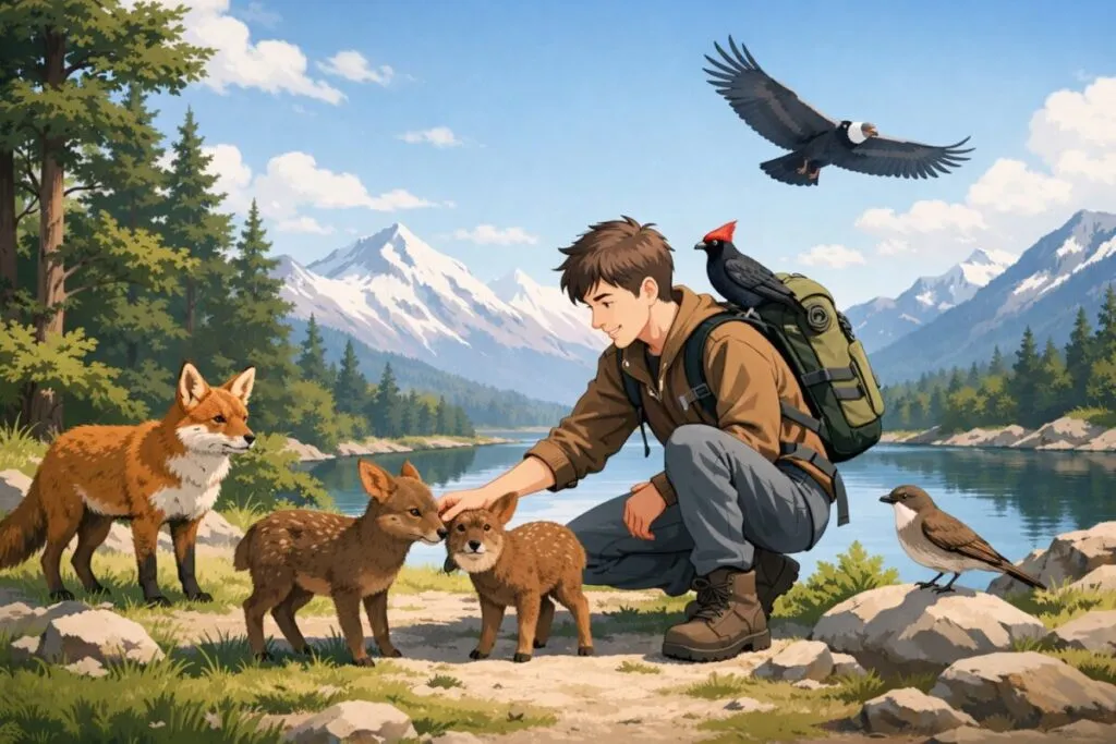 Ilustración editorial que muestra animales patagónicos junto a un avatar de videojuego en un entorno natural.