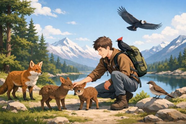 Ilustración editorial que muestra animales patagónicos junto a un avatar de videojuego en un entorno natural.