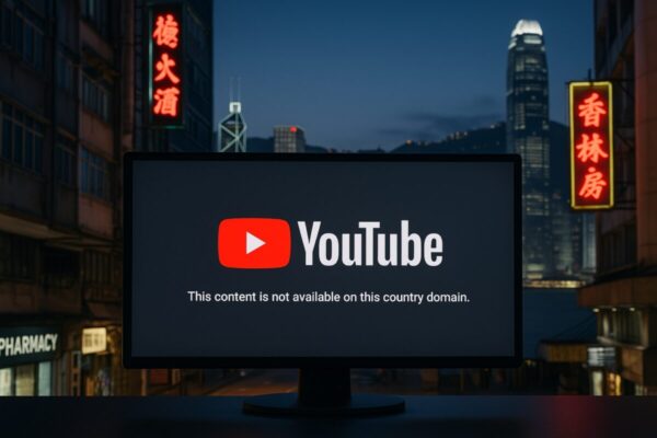 Ilustración editorial sobre el bloqueo de un canal político en YouTube en Hong Kong