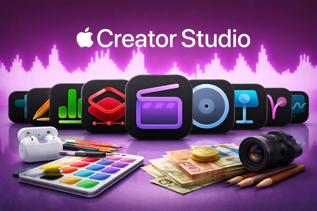 Iconos de aplicaciones creativas de Apple Creator Studio sobre fondo violeta, representando accesibilidad económica y herramientas profesionales