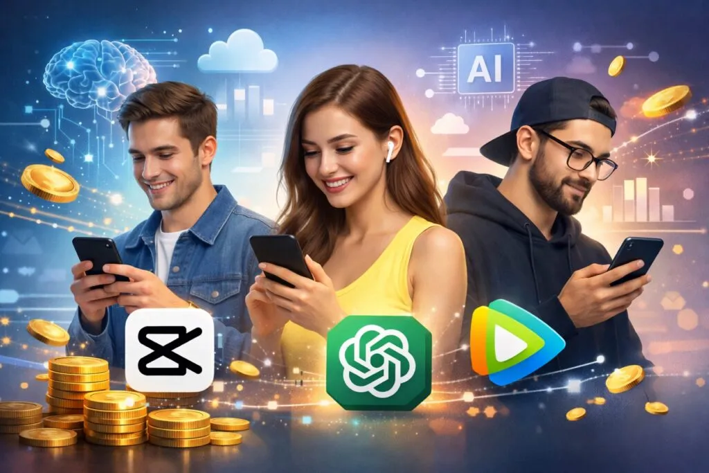 Ilustración editorial de usuarios usando apps como CapCut, ChatGPT y WeTV en sus móviles con íconos flotando alrededor