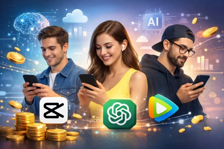 Ilustración editorial de usuarios usando apps como CapCut, ChatGPT y WeTV en sus móviles con íconos flotando alrededor