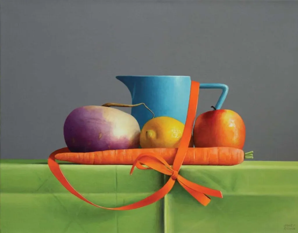 Obra de pintura contemporánea tipo bodegón que refleja el cruce entre técnica tradicional y percepción digital