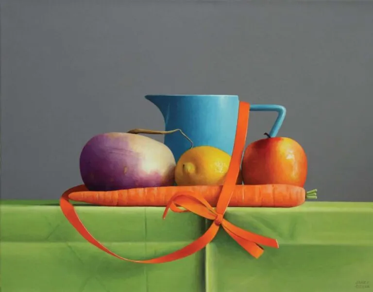 Obra de pintura contemporánea tipo bodegón que refleja el cruce entre técnica tradicional y percepción digital