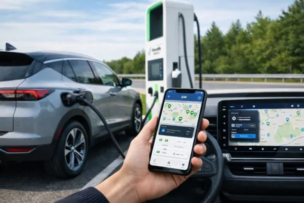 Auto eléctrico cargando en estación de Electrify America con interfaz de app de GM en pantalla