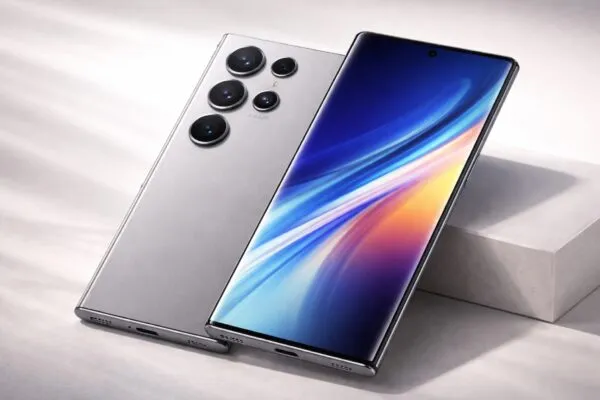 Representación del Galaxy S26 Ultra con pantalla AMOLED y cámara avanzada sobre fondo limpio